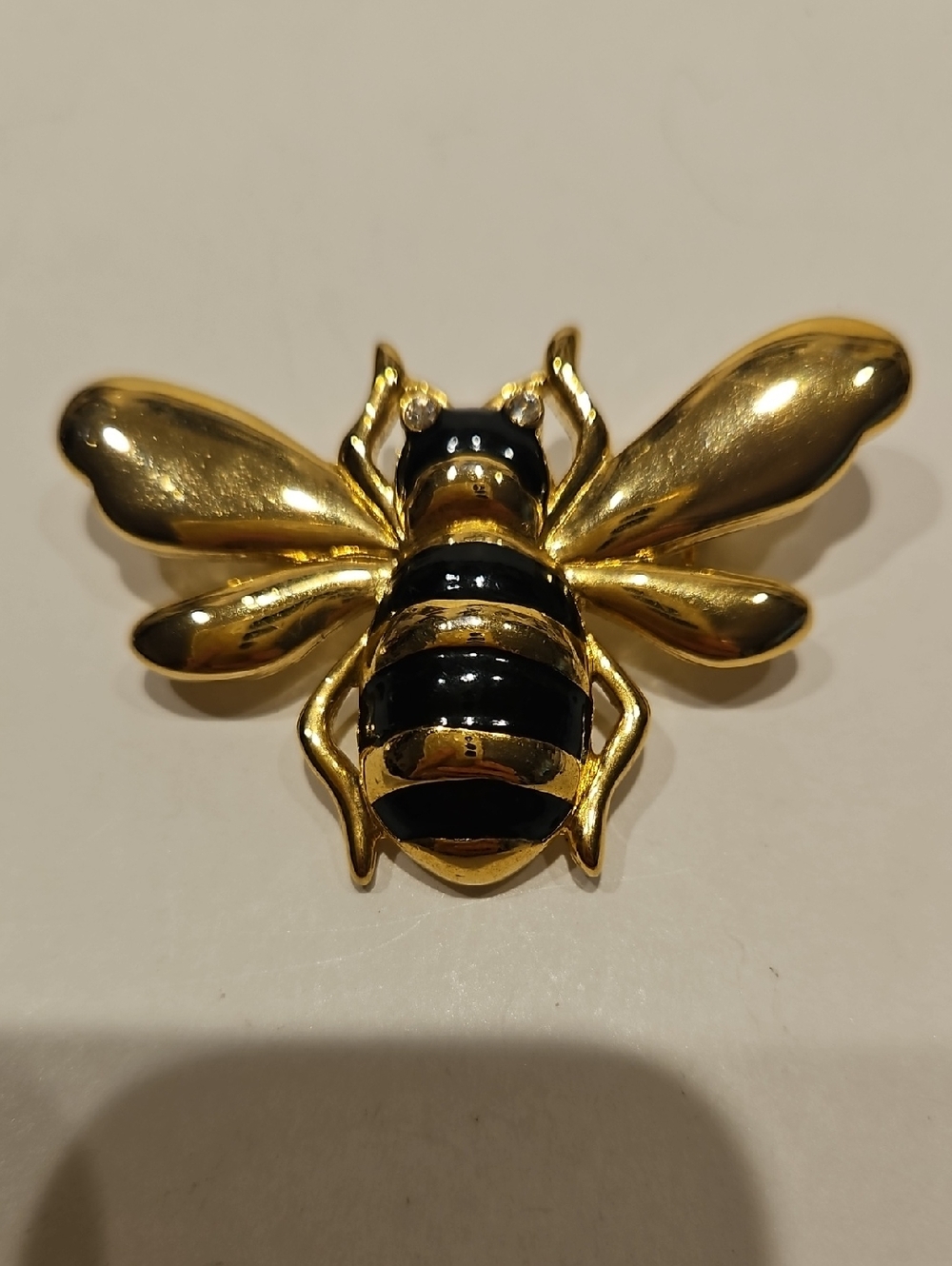 Gold and Black Bee Brooch - Enamel Stripes & Rhinestone Eyes.